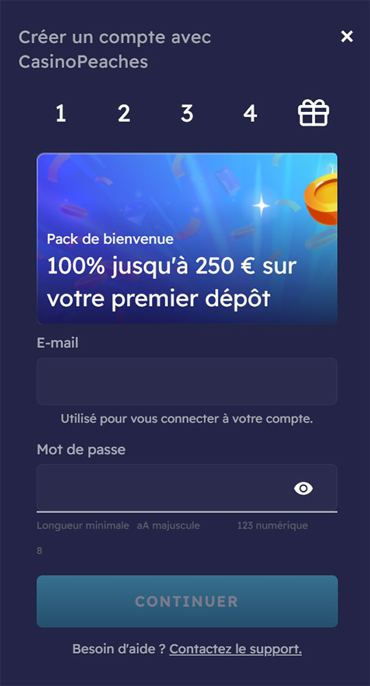 creation compte peaches casino